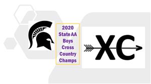 Cross Country state 2020 champion logo with a black spartan head and XC with an arrow